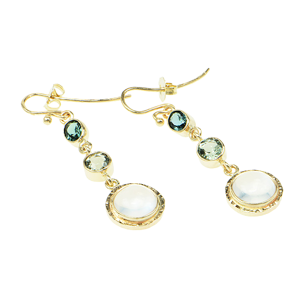 Green Tourmaline Faceted and Ceylon Moonstone Cabochon Earrings