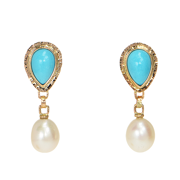 Persian Turquoise and Pearl Drop Cabochon Earrings