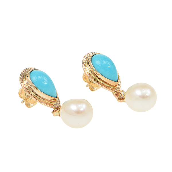 Persian Turquoise and Pearl Drop Cabochon Earrings