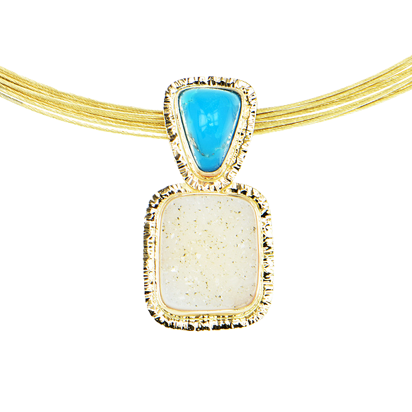 Sleeping Beauty Turquoise and White Drusy Quartz Cabochon Pendant